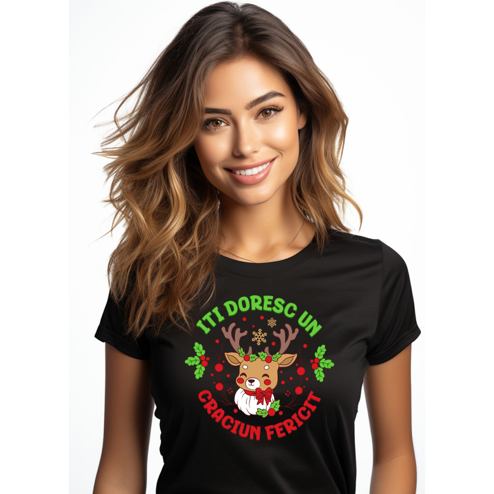 Tricou Femei, Barbati, Copii, Fata, Baiat, Unisex Personalizat Ren cu Coarne Lungi Impodobite - Îți Doresc Un Crăciun Fericit [1]