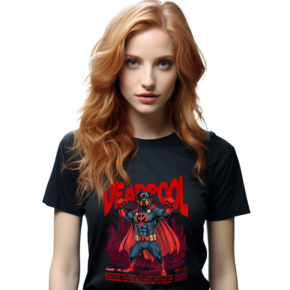 Tricou Femei, Barbati, Copii, Fata, Baiat, Unisex Personalizat Rottweiler în Costum Deadpool - Cadou Personalizat pentru Copii și Familie [1]