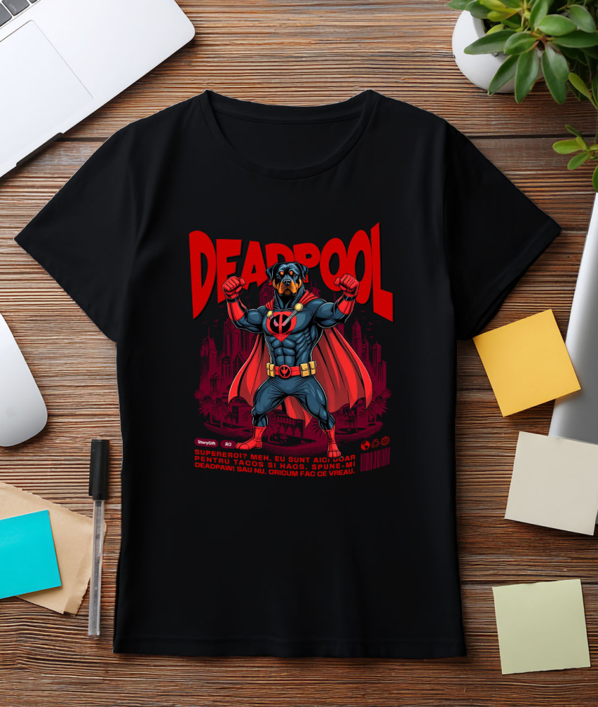 Tricou Femei, Barbati, Copii, Fata, Baiat, Unisex Personalizat Rottweiler în Costum Deadpool - Cadou Personalizat pentru Copii și Familie [3]