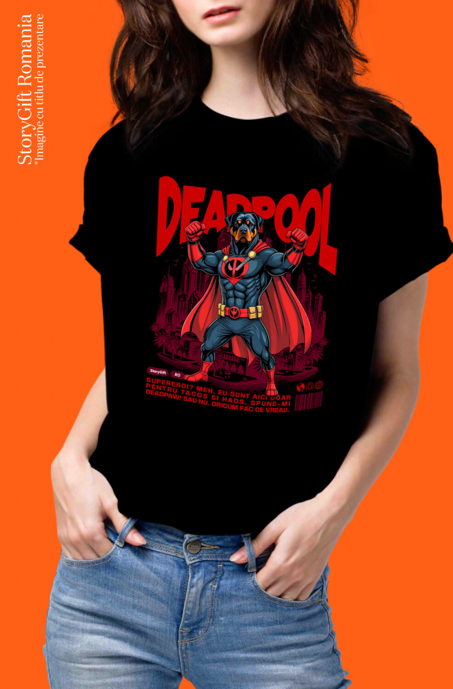 Tricou Femei, Barbati, Copii, Fata, Baiat, Unisex Personalizat Rottweiler în Costum Deadpool - Cadou Personalizat pentru Copii și Familie [2]