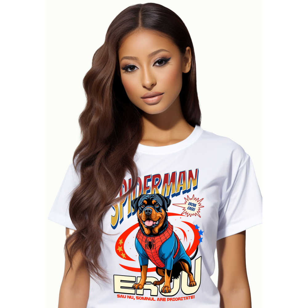 Tricou Femei, Barbati, Copii, Fata, Baiat, Unisex Personalizat Rottweiler în Costum Spider-Man - Cadou Personalizat pentru Copii și Familie [1]