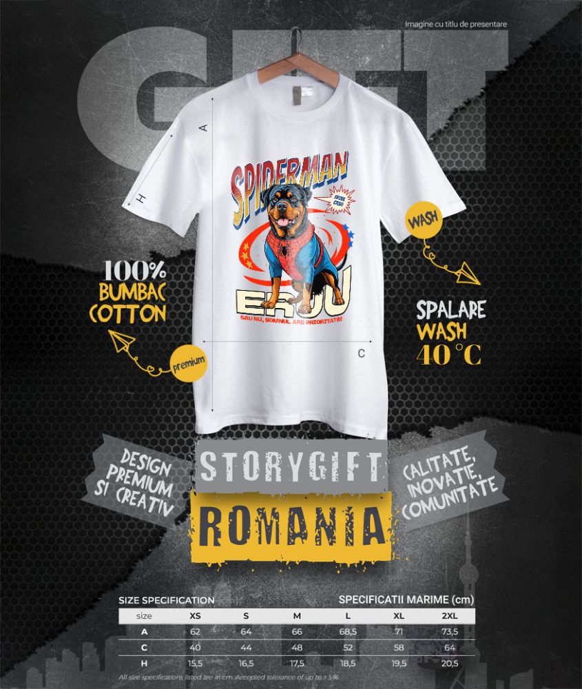 Tricou Femei, Barbati, Copii, Fata, Baiat, Unisex Personalizat Rottweiler în Costum Spider-Man - Cadou Personalizat pentru Copii și Familie [4]