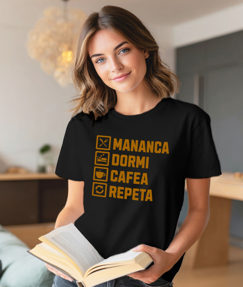 Tricou Femei, Barbati, Copii, Fata, Baiat, Unisex Personalizat „Cană Personalizată „Mănâncă, Dormi, Cafea, Repetă” - Cadou Haioas pentru Iubitorii de Energie Dimineața” [2]