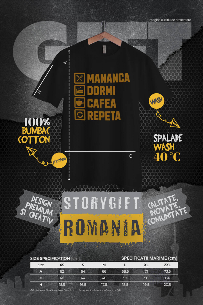 Tricou Femei, Barbati, Copii, Fata, Baiat, Unisex Personalizat „Cană Personalizată „Mănâncă, Dormi, Cafea, Repetă” - Cadou Haioas pentru Iubitorii de Energie Dimineața” [4]