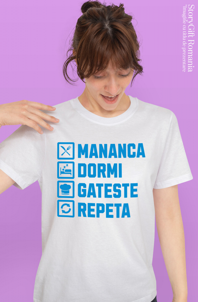 Tricou Femei, Barbati, Copii, Fata, Baiat, Unisex Personalizat Rutina zilnică „Mănâncă, dormi, gătește, repetă” – Cadou personalizat pentru iubitorii de gătit [2]