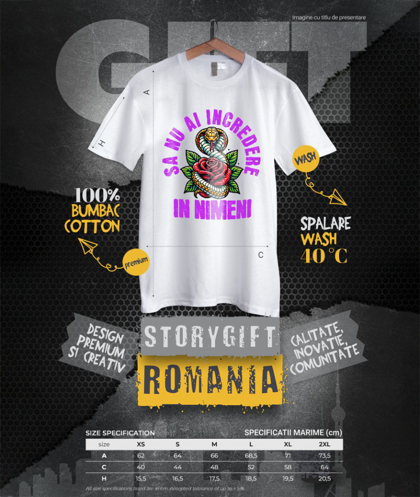 Tricou Femei, Barbati, Copii, Fata, Baiat, Unisex Personalizat Șarpe cu Trandafir Roșu și Text „Să Nu Ai Încredere în Nimeni” | Cadouri Personalizate pentru Femei, Familie și Prieteni [4]