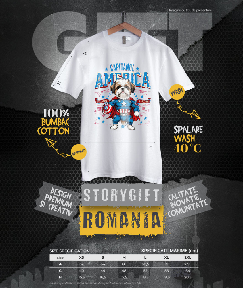 Tricou Femei, Barbati, Copii, Fata, Baiat, Unisex Personalizat Shih Tzu în Costum de Captain America cu Pelerină - Cadou Personalizat pentru Copii și Iubitorii de Câini [4]