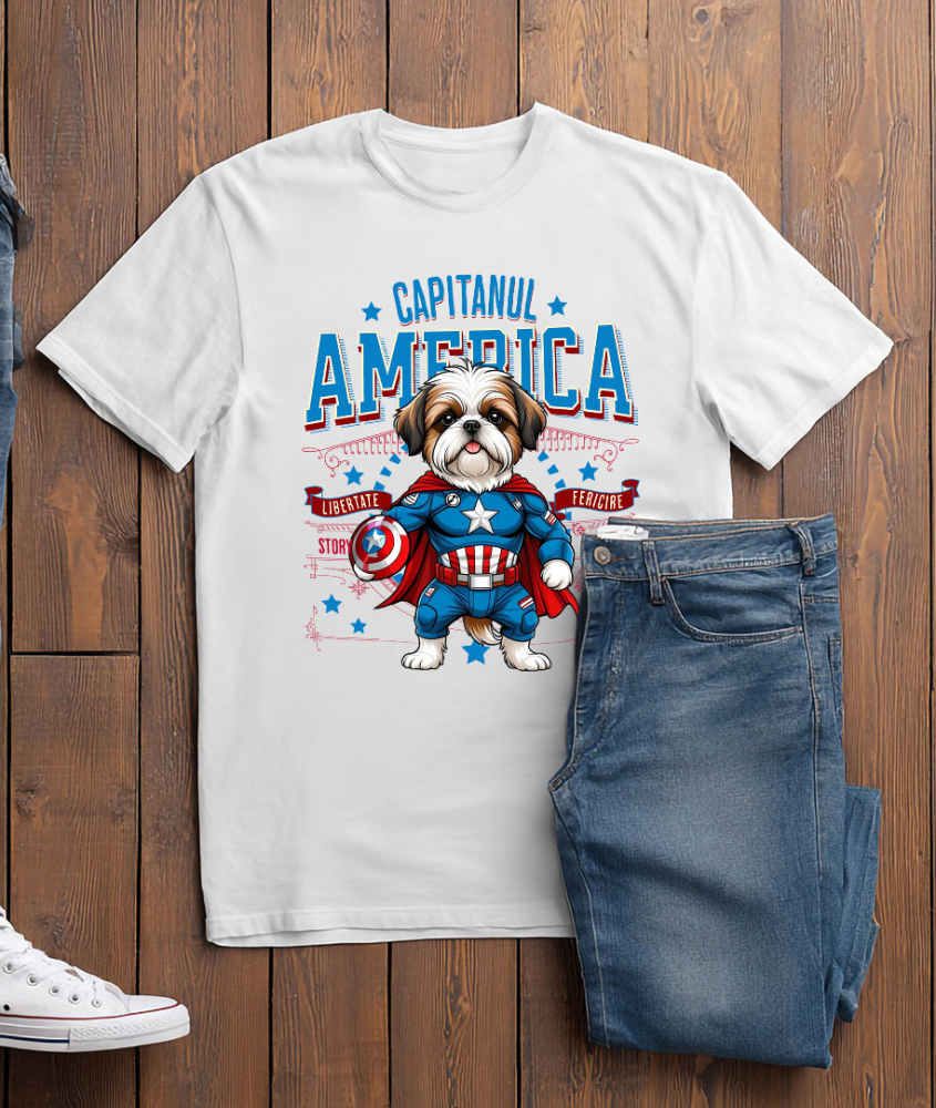Tricou Femei, Barbati, Copii, Fata, Baiat, Unisex Personalizat Shih Tzu în Costum de Captain America cu Pelerină - Cadou Personalizat pentru Copii și Iubitorii de Câini [3]