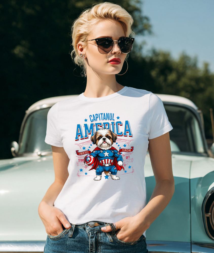 Tricou Femei, Barbati, Copii, Fata, Baiat, Unisex Personalizat Shih Tzu în Costum de Captain America cu Pelerină - Cadou Personalizat pentru Copii și Iubitorii de Câini [2]