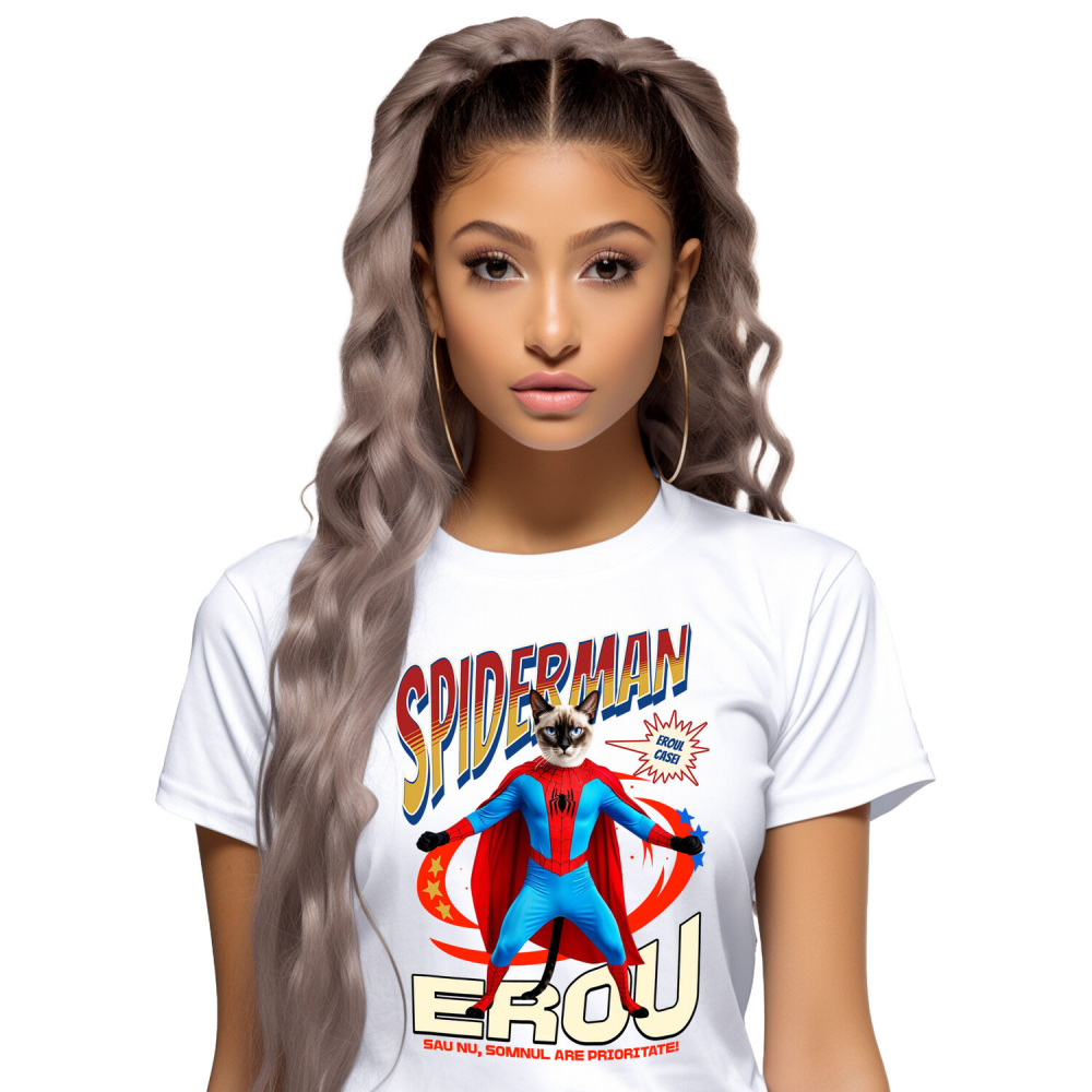 Tricou Femei, Barbati, Copii, Fata, Baiat, Unisex Personalizat Pisică Siameză în Costum Spider-Man - Cadou Personalizat pentru Iubitorii de Pisici și Copii [1]