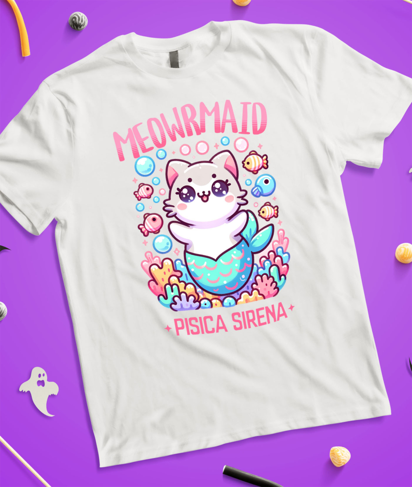 Tricou Femei, Barbati, Copii, Fata, Baiat, Unisex Personalizat Sirena Vesela Pisica Cu Coada Albastra – Cadou Personalizat Meowrmaid pentru Familie și Prieteni [3]