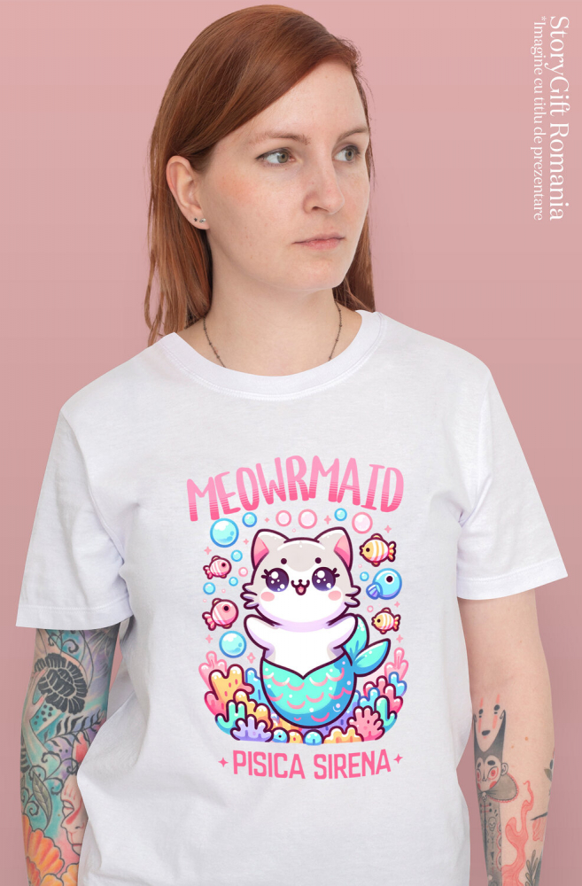 Tricou Femei, Barbati, Copii, Fata, Baiat, Unisex Personalizat Sirena Vesela Pisica Cu Coada Albastra – Cadou Personalizat Meowrmaid pentru Familie și Prieteni [2]