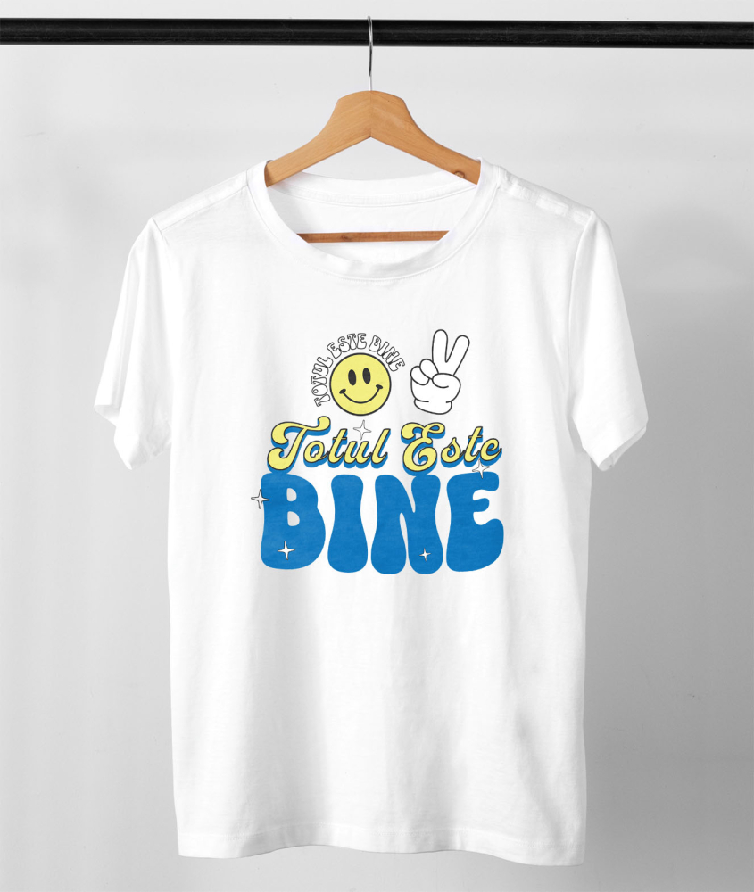 Tricou Femei, Barbati, Copii, Fata, Baiat, Unisex Personalizat Totul Este Bine – Tricou Personalizat cu Smiley Face Galben și Mesaj Inspirațional [3]