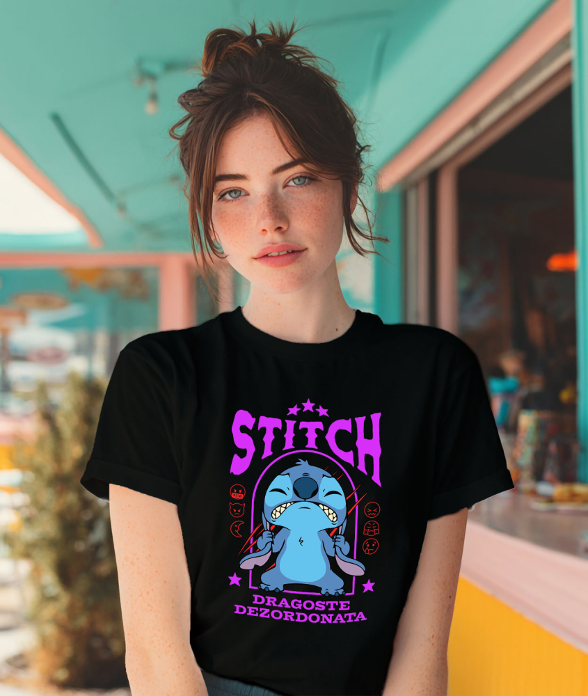 Tricou Femei cu Stitch si Momentele Sale Grele 100% Bumbac, Negru, XS [2]