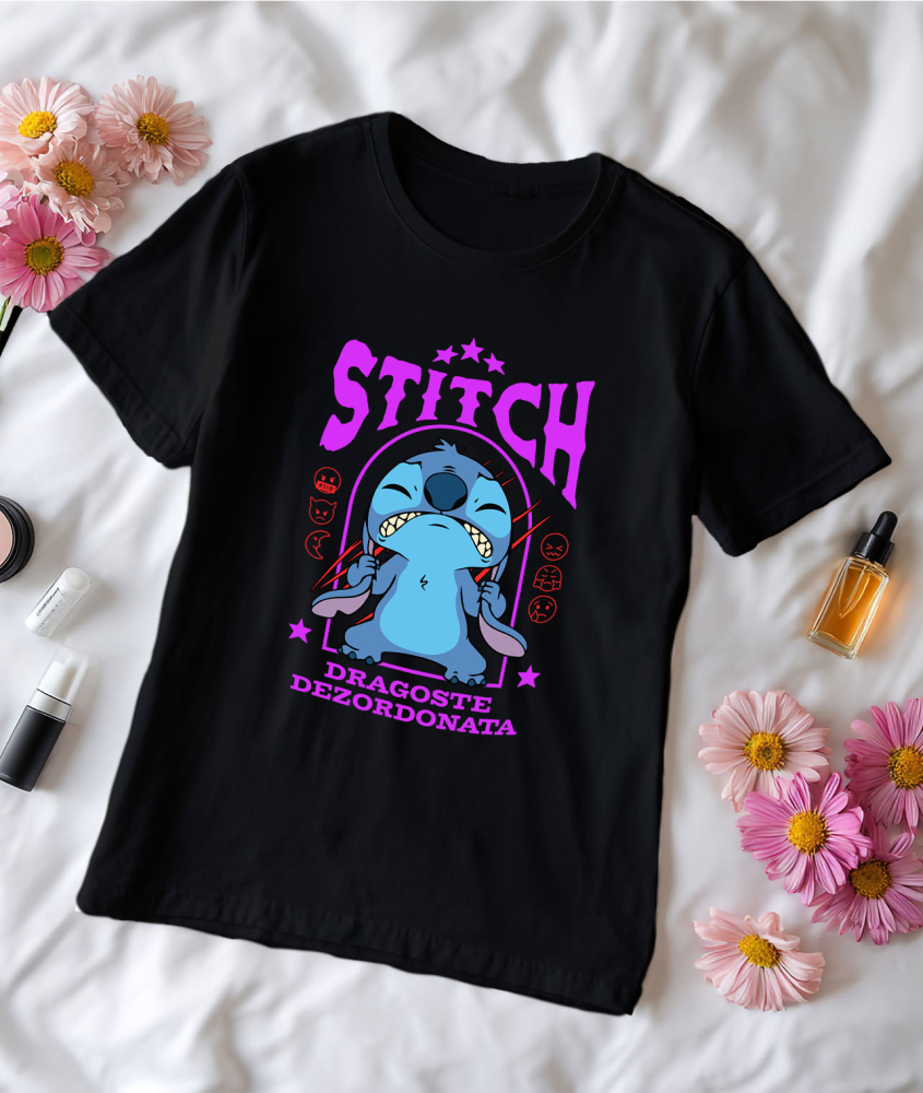 Tricou Femei cu Stitch si Momentele Sale Grele 100% Bumbac, Negru, XS [3]