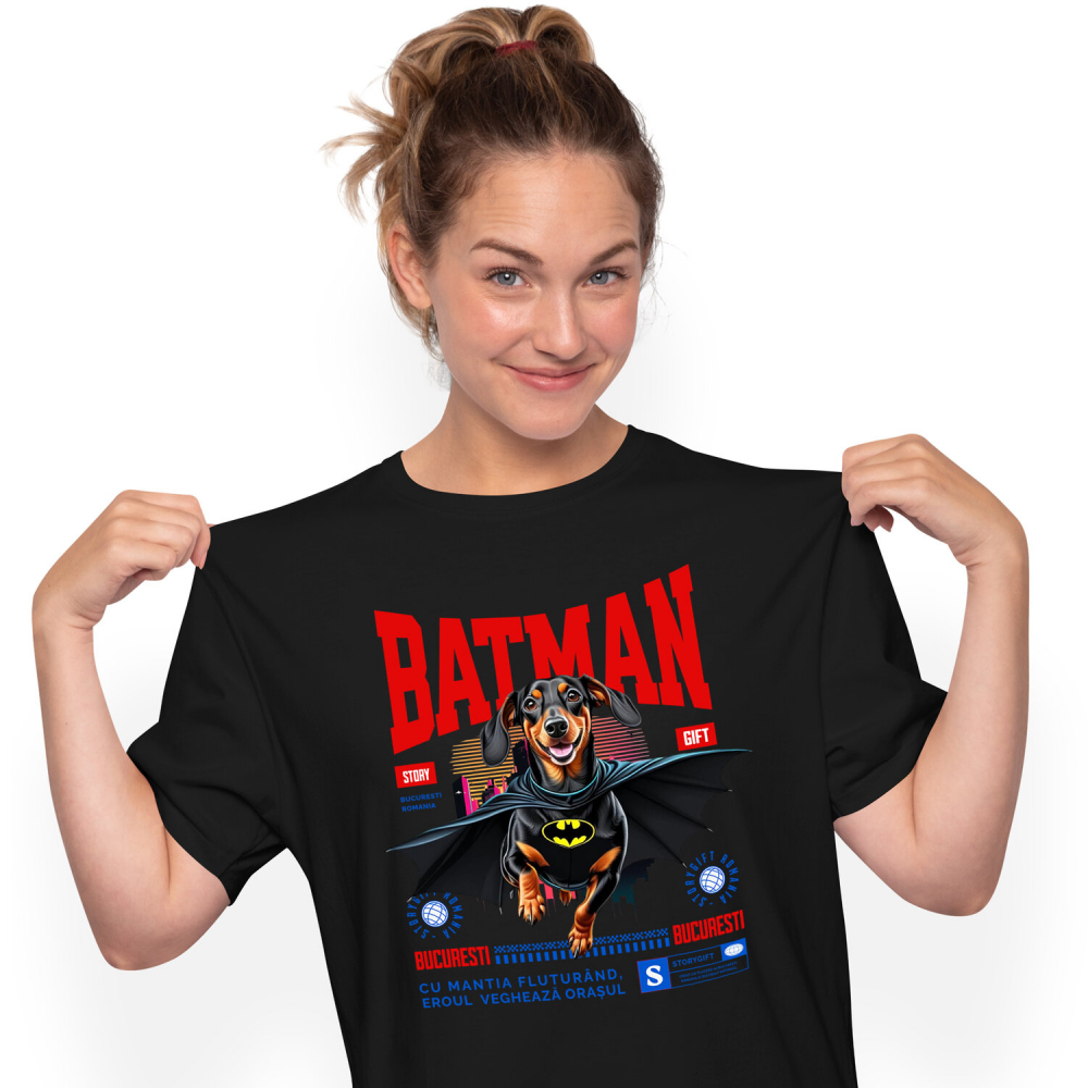 Tricou Femei, Barbati, Copii, Fata, Baiat, Unisex Personalizat Teckel În Costum de Batman – Câine Supererou pentru Copii și Iubitorii de Animale [1]