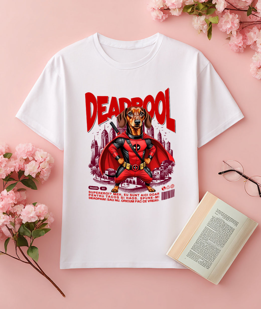 Tricou Femei, Barbati, Copii, Fata, Baiat, Unisex Personalizat Teckel / Dachshund în Costum Deadpool - Cadou Personalizat pentru Copii și Familie [3]