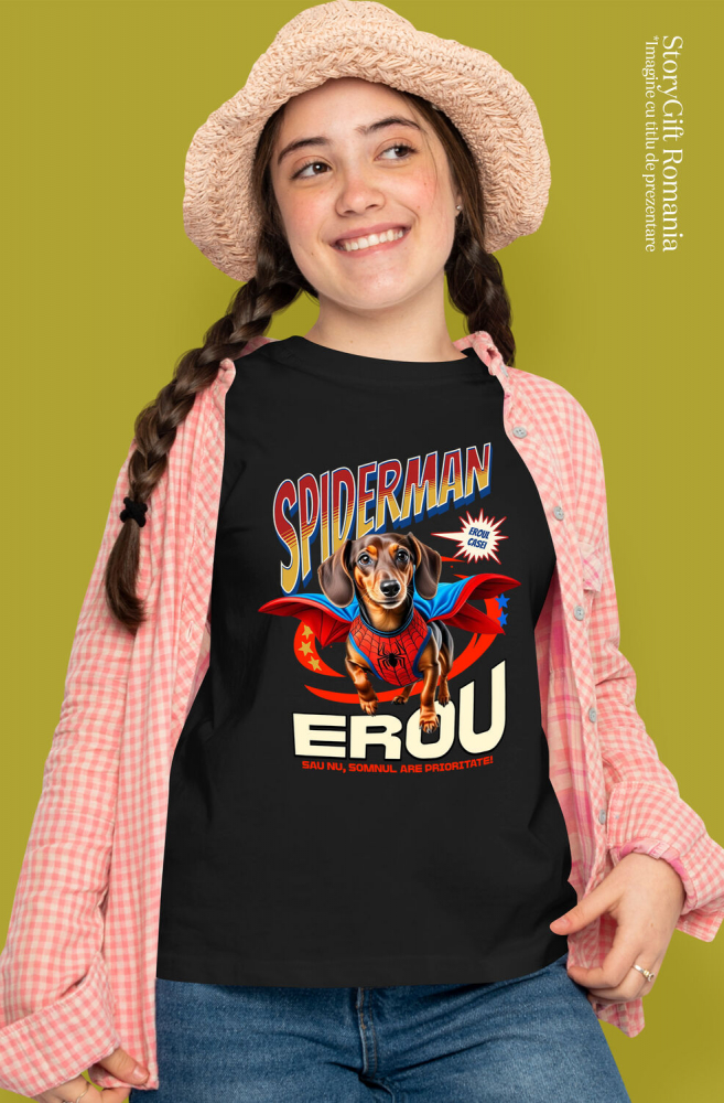 Tricou Femei, Barbati, Copii, Fata, Baiat, Unisex Personalizat Teckel (Dachshund) în Costum Spider-Man - Cadou Personalizat pentru Copii și Familie [2]