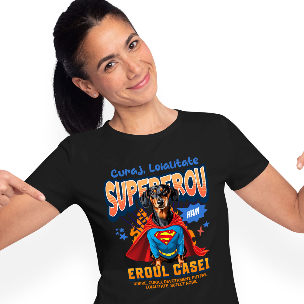 Tricou Femei, Barbati, Copii, Fata, Baiat, Unisex Personalizat Teckel în Costum de Superman – Cadouri Personalizate pentru Familie și Copii [1]