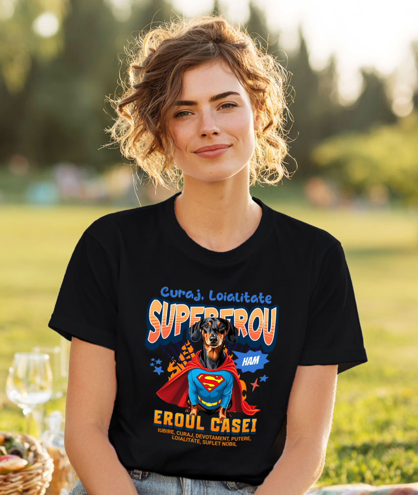 Tricou Femei, Barbati, Copii, Fata, Baiat, Unisex Personalizat Teckel în Costum de Superman – Cadouri Personalizate pentru Familie și Copii [2]