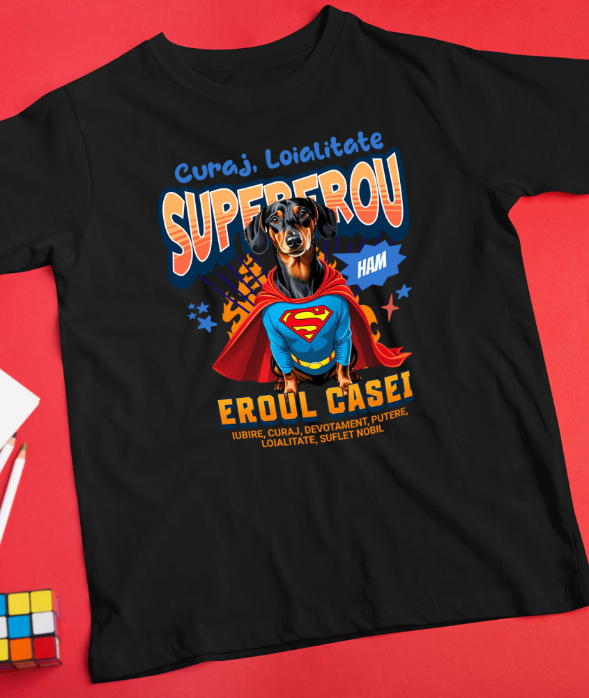 Tricou Femei, Barbati, Copii, Fata, Baiat, Unisex Personalizat Teckel în Costum de Superman – Cadouri Personalizate pentru Familie și Copii [3]