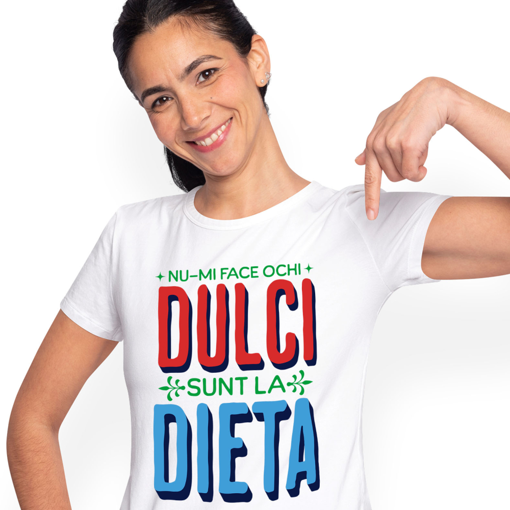 Tricou Femei, Barbati, Copii, Fata, Baiat, Unisex Personalizat „Nu-mi face ochi dulci, sunt la dietă!” - Mesaj Haios pentru Iubitorii de Dulciuri la Dietă [1]