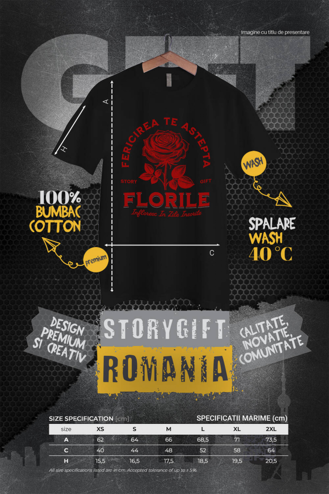 Tricou Femei, Barbati, Copii, Fata, Baiat, Unisex Personalizat Trandafir Roșu și Mesaj de Fericire | Cadou Romantic cu Flori Înflorite [4]