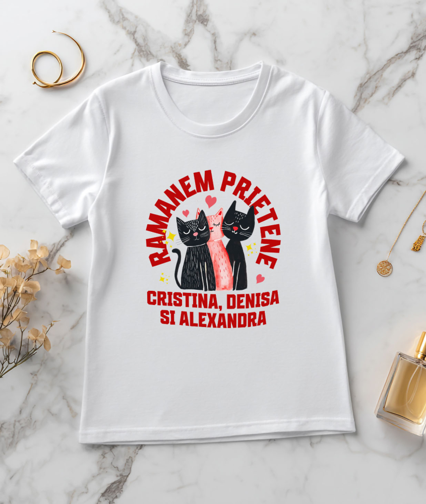 Tricou Femei, Barbati, Copii, Fata, Baiat, Unisex Personalizat Cadouri personalizate – Portret cu trei pisici pentru Cristina, Denisa și Alexandra [3]