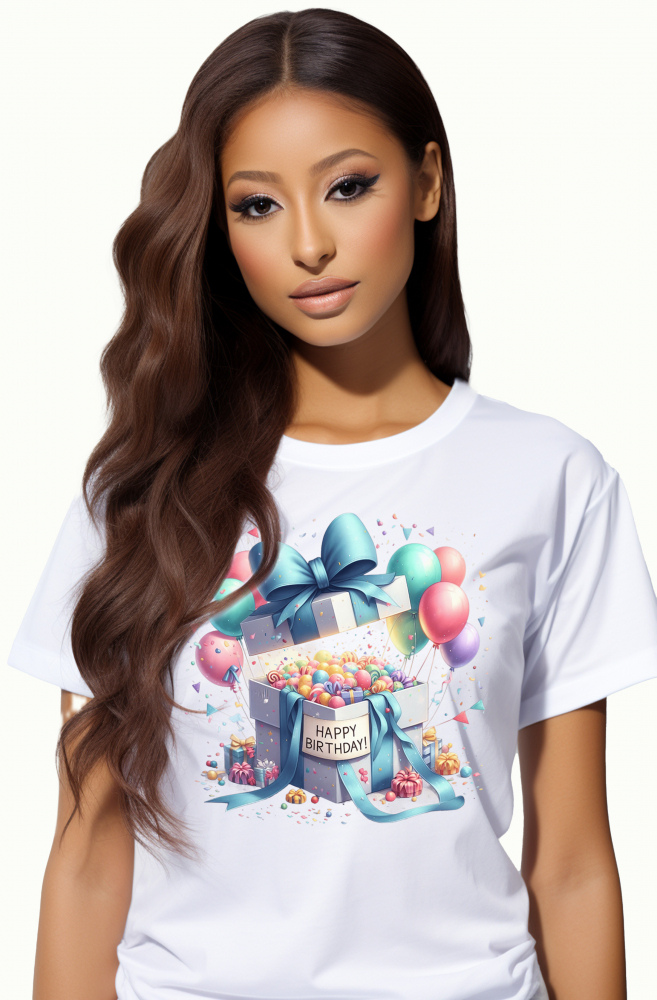 Tricou Femei cu un cadou deschis cu mesajul "Happy birthday", ilustratie, multe bomboane si baloane, la multi ani, fericire, aniversare,  cu imprimeu pe Fata, 100% Bumbac, Alb, XS [1]
