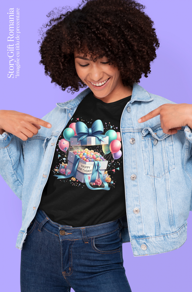 Tricou Femei cu un cadou deschis cu mesajul "Happy birthday", ilustratie, multe bomboane si baloane, la multi ani, fericire, aniversare,  cu imprimeu pe Fata, 100% Bumbac, Negru, XL [2]