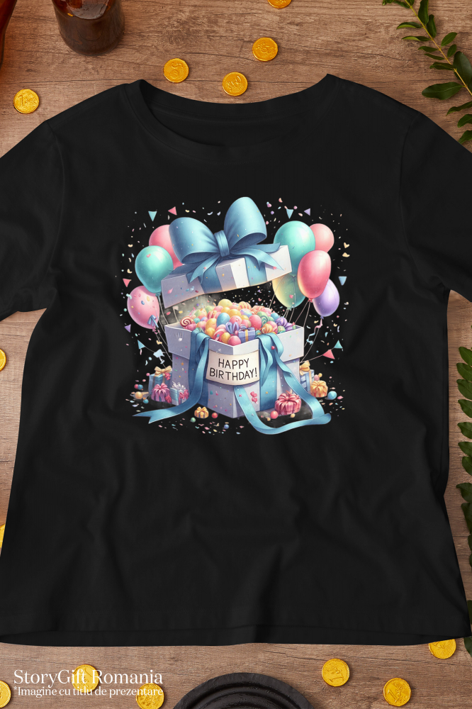 Tricou Femei cu un cadou deschis cu mesajul "Happy birthday", ilustratie, multe bomboane si baloane, la multi ani, fericire, aniversare,  cu imprimeu pe Fata, 100% Bumbac, Negru, XL [3]