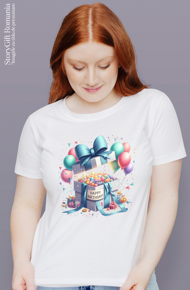 Tricou Femei cu un cadou deschis cu mesajul "Happy birthday", ilustratie, multe bomboane si baloane, la multi ani, fericire, aniversare,  cu imprimeu pe Fata, 100% Bumbac, Alb, XS [2]
