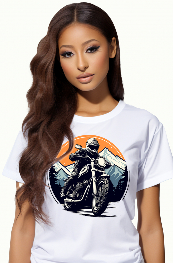 Tricou Femei cu un motociclist care se plimba cu motocicleta, ilustratie, trece printr-o padure, munti, cerc  cu imprimeu pe Fata, 100% Bumbac, Alb, L [1]