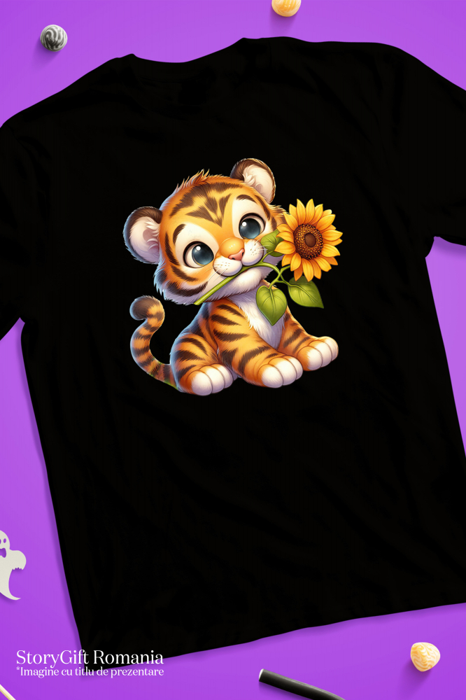 Tricou Femei cu un pui de tigru care tine o floare, ilustratie, floarea-soarelui, fericire, jucaus, copilarie, animalut salbatic, energic,  cu imprimeu pe Fata, 100% Bumbac, Negru, L [3]