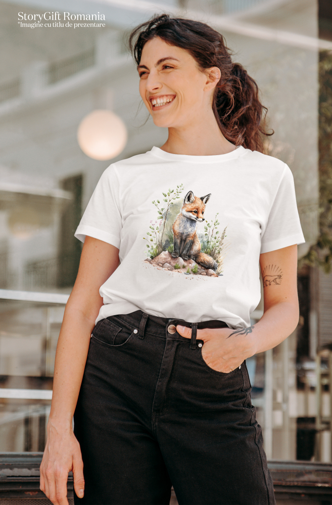 Tricou Femei cu un pui de vulpe, ilustratie, in natura, plante, ierburi, curios, vesel, pentru iubitorii de animale,  cu imprimeu pe Fata, 100% Bumbac, Alb, XL [2]
