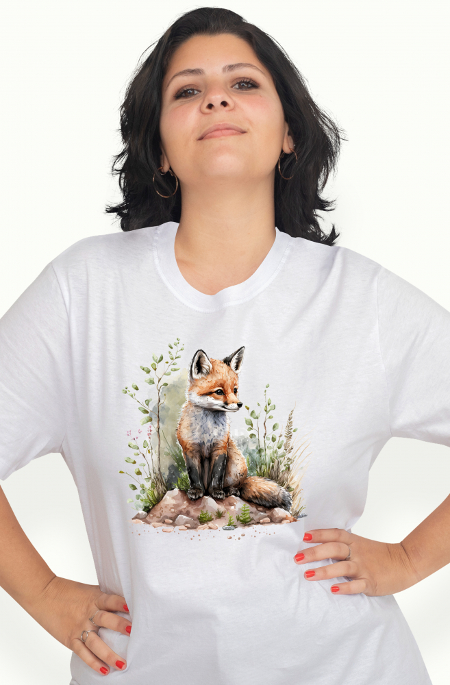 Tricou Femei cu un pui de vulpe, ilustratie, in natura, plante, ierburi, curios, vesel, pentru iubitorii de animale,  cu imprimeu pe Fata, 100% Bumbac, Alb, XL [1]