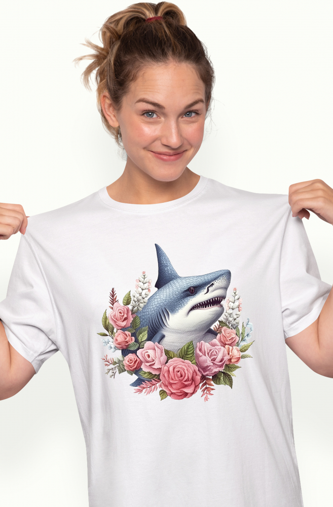 Tricou Femei cu un rechin furios, ilustratie, trandafiri, flori, plante, frunze, natura, apa, mare, ocean,  cu imprimeu pe Fata, 100% Bumbac, Alb, XS [1]