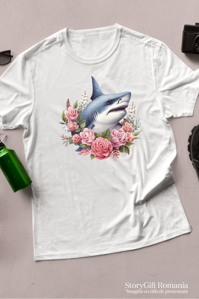 Tricou Femei cu un rechin furios, ilustratie, trandafiri, flori, plante, frunze, natura, apa, mare, ocean,  cu imprimeu pe Fata, 100% Bumbac, Alb, XS [3]
