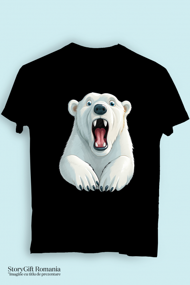 Tricou Femei cu un urs polar socat, ilustratie, a ramas cu gura cascata, nu ii vine sa creada, surprins,  cu imprimeu pe Fata, 100% Bumbac, Negru, XS [3]