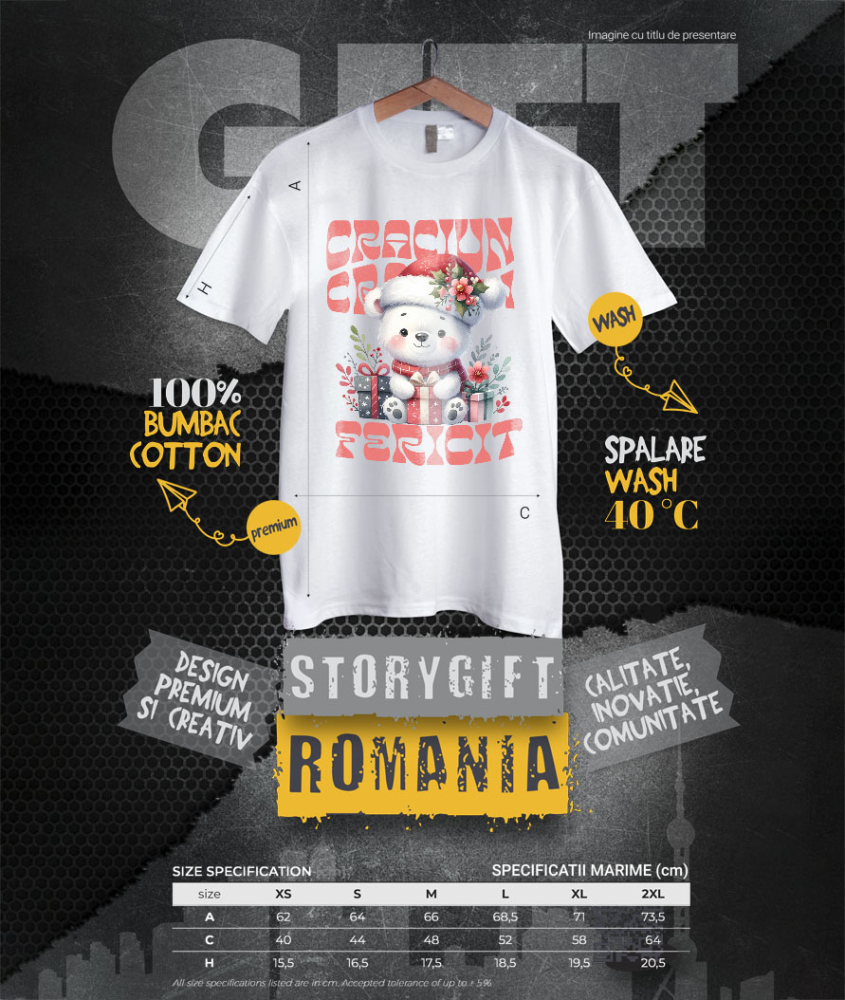 Tricou Femei, Barbati, Copii, Fata, Baiat, Unisex Personalizat Urs Alb cu Fular și Căciulă Moș Crăciun – Cadouri Colorate pentru un Crăciun Fericit [4]