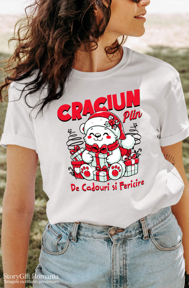 Tricou Femei, Barbati, Copii, Fata, Baiat, Unisex Personalizat Urs Alb Vesel cu Cadouri Colorate – Crăciun Plin de Cadouri și Fericire [2]