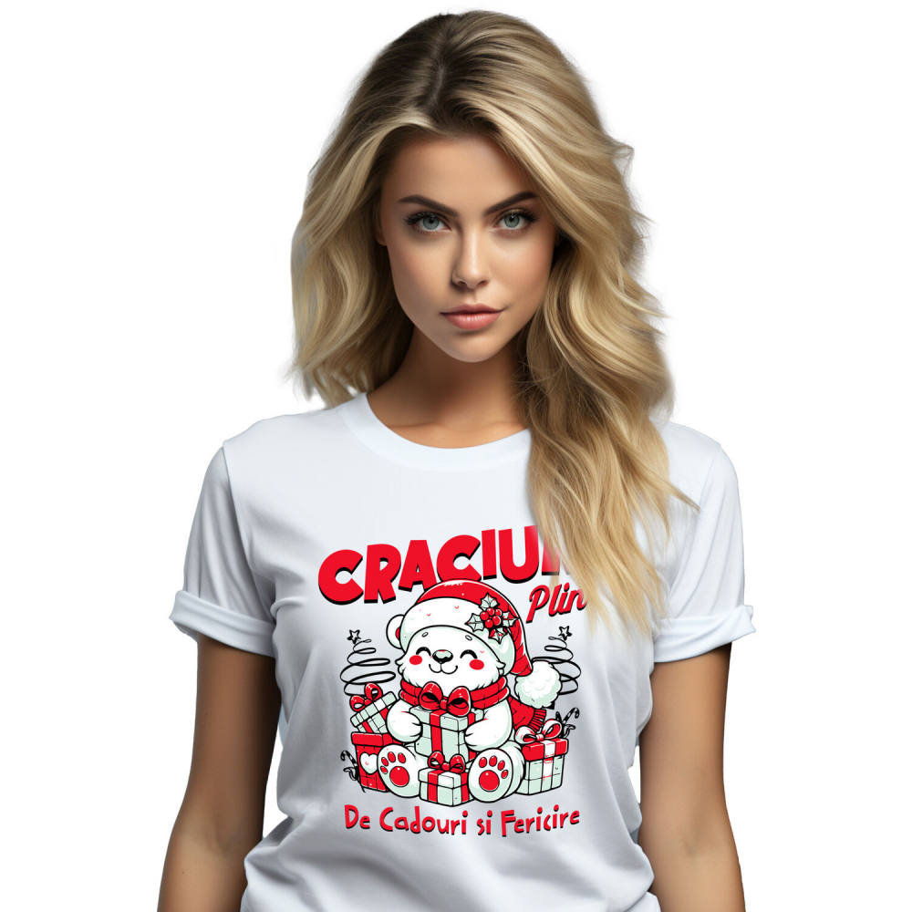 Tricou Femei, Barbati, Copii, Fata, Baiat, Unisex Personalizat Urs Alb Vesel cu Cadouri Colorate – Crăciun Plin de Cadouri și Fericire [1]