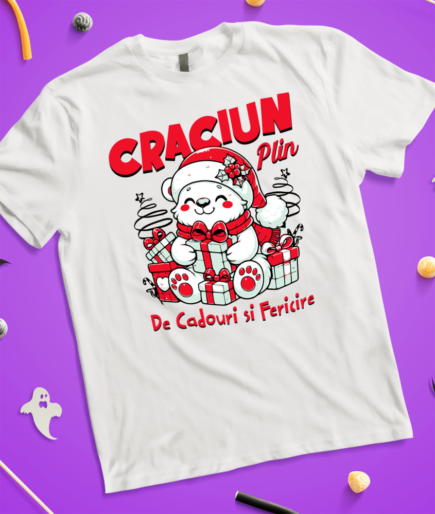 Tricou Femei, Barbati, Copii, Fata, Baiat, Unisex Personalizat Urs Alb Vesel cu Cadouri Colorate – Crăciun Plin de Cadouri și Fericire [3]