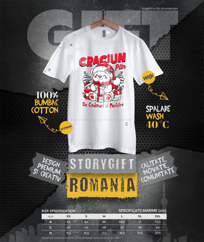 Tricou Femei, Barbati, Copii, Fata, Baiat, Unisex Personalizat Urs Alb Vesel cu Cadouri Colorate – Crăciun Plin de Cadouri și Fericire [4]