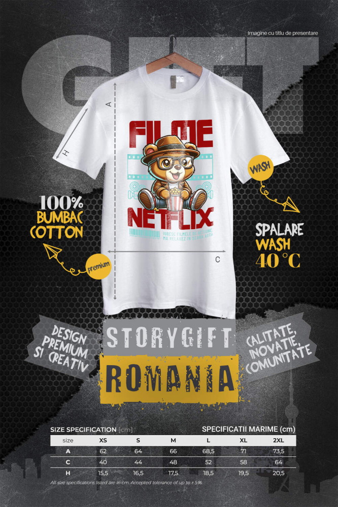 Tricou Femei, Barbati, Copii, Fata, Baiat, Unisex Personalizat Urs Brun cu Ochelari și Popcorn - Cadouri Personalizate pentru Copii și Familie, Cinema [4]