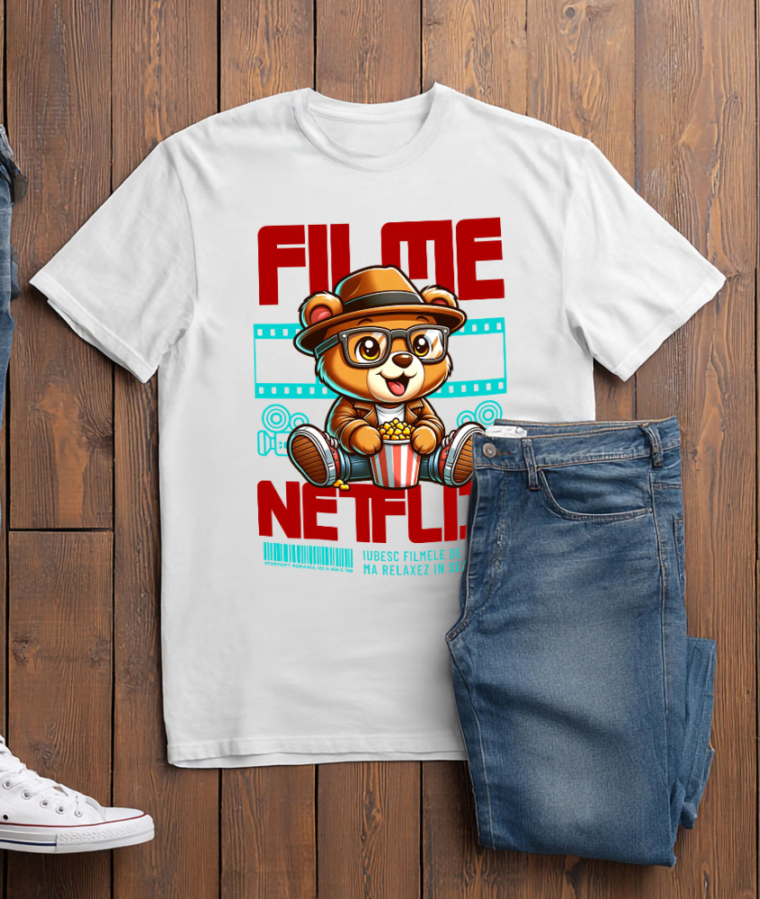Tricou Femei, Barbati, Copii, Fata, Baiat, Unisex Personalizat Urs Brun cu Ochelari și Popcorn - Cadouri Personalizate pentru Copii și Familie, Cinema [3]