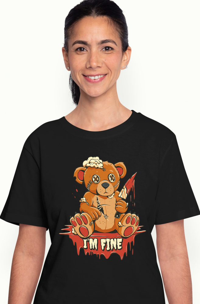 Tricou Femei Cu Ursulet De Plus Ranit Taiat Cu Un Cutit Cu Sange, Text In Engleza I'm Fine, Iubitorii De anime Multicolor  cu imprimeu pe Fata, 100% Bumbac, Negru, M [1]