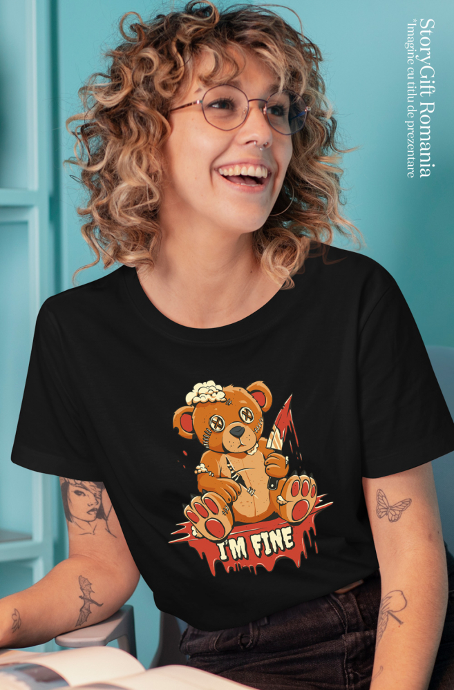 Tricou Femei Cu Ursulet De Plus Ranit Taiat Cu Un Cutit Cu Sange, Text In Engleza I'm Fine, Iubitorii De anime Multicolor  cu imprimeu pe Fata, 100% Bumbac, Negru, M [3]