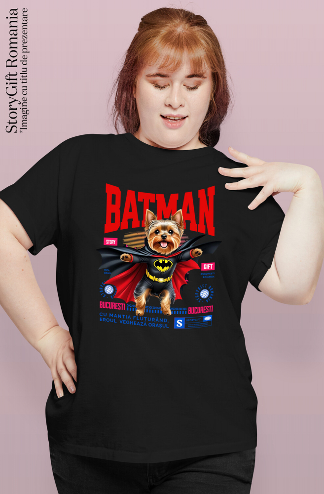 Tricou Femei, Barbati, Copii, Fata, Baiat, Unisex Personalizat Yorkshire Terrier În Costum de Batman – Câine Supererou pentru Copii și Iubitorii de Animale [2]