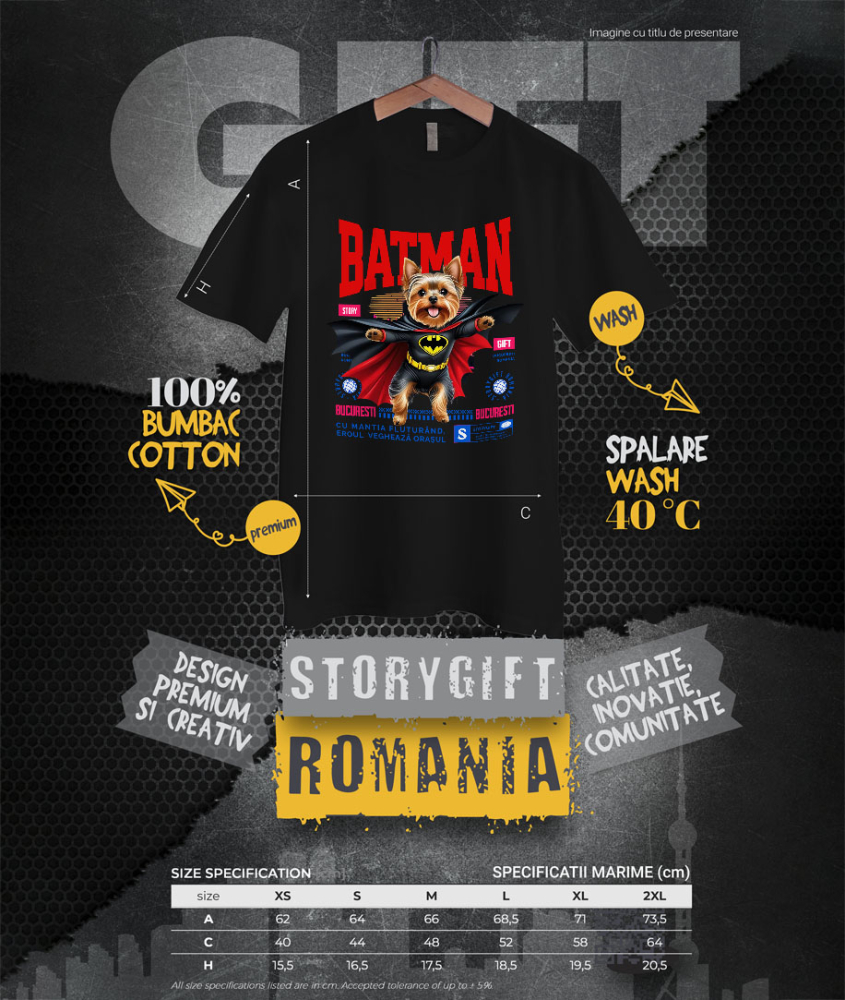 Tricou Femei, Barbati, Copii, Fata, Baiat, Unisex Personalizat Yorkshire Terrier În Costum de Batman – Câine Supererou pentru Copii și Iubitorii de Animale [4]